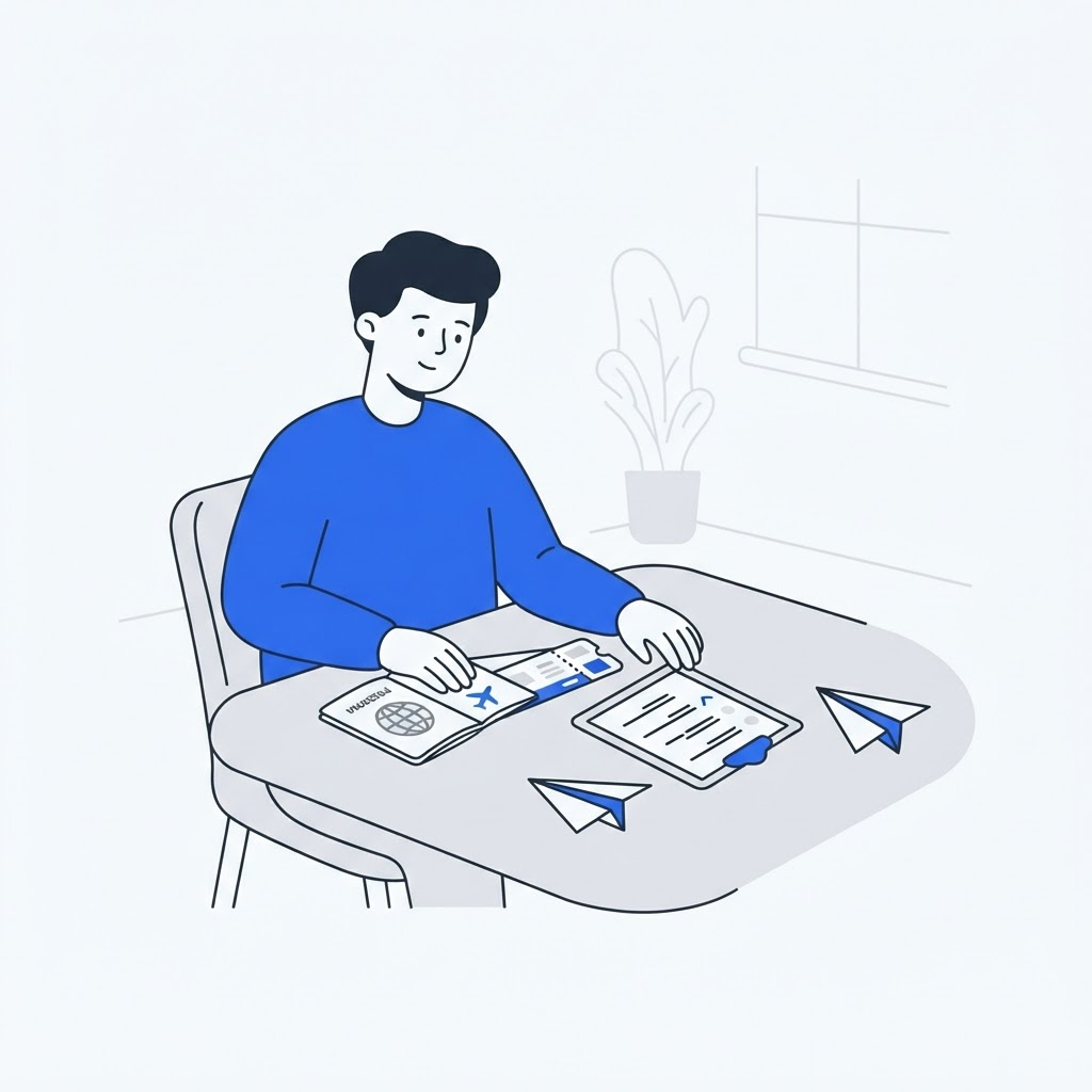 Illustration d'une personne préparant son projet aux États-Unis avec passeport, billet d'avion et checklist